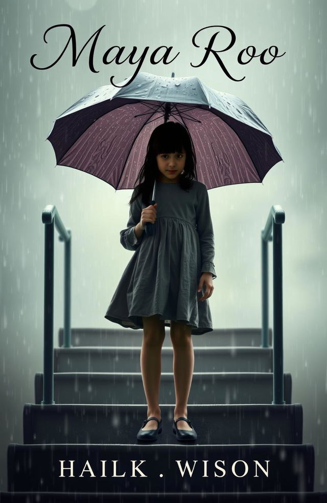 A book cover design featuring a young girl standing on a set of stairs on a rainy day