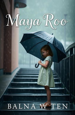 A book cover design featuring a young girl standing on a set of stairs on a rainy day
