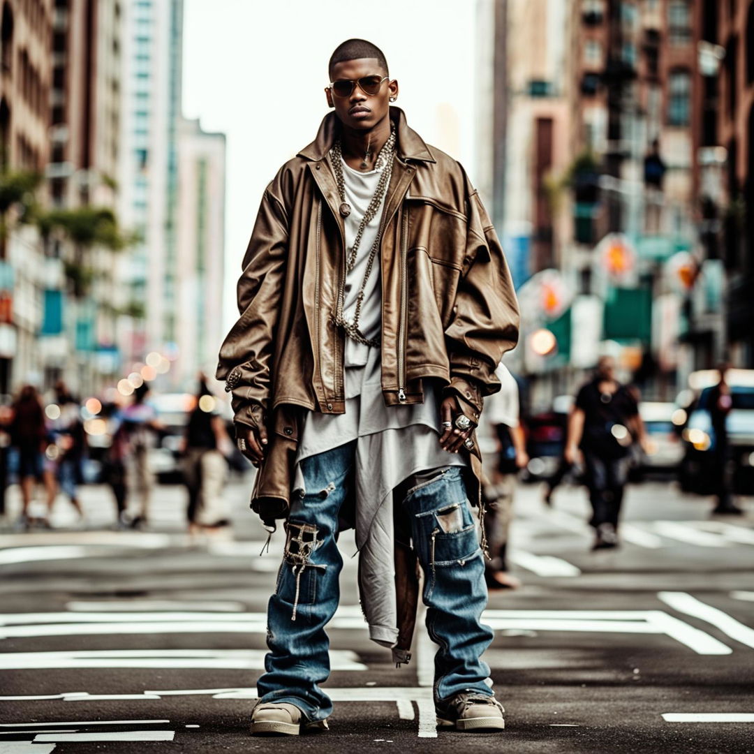 A rapper in an avant-garde outfit combining Balenciaga and Rick Owens stands out in a bustling city. Shot with a 200mm lens for an intimate feel, the image captures the edgy vibe of an opium fashion photo editorial from Vogue.