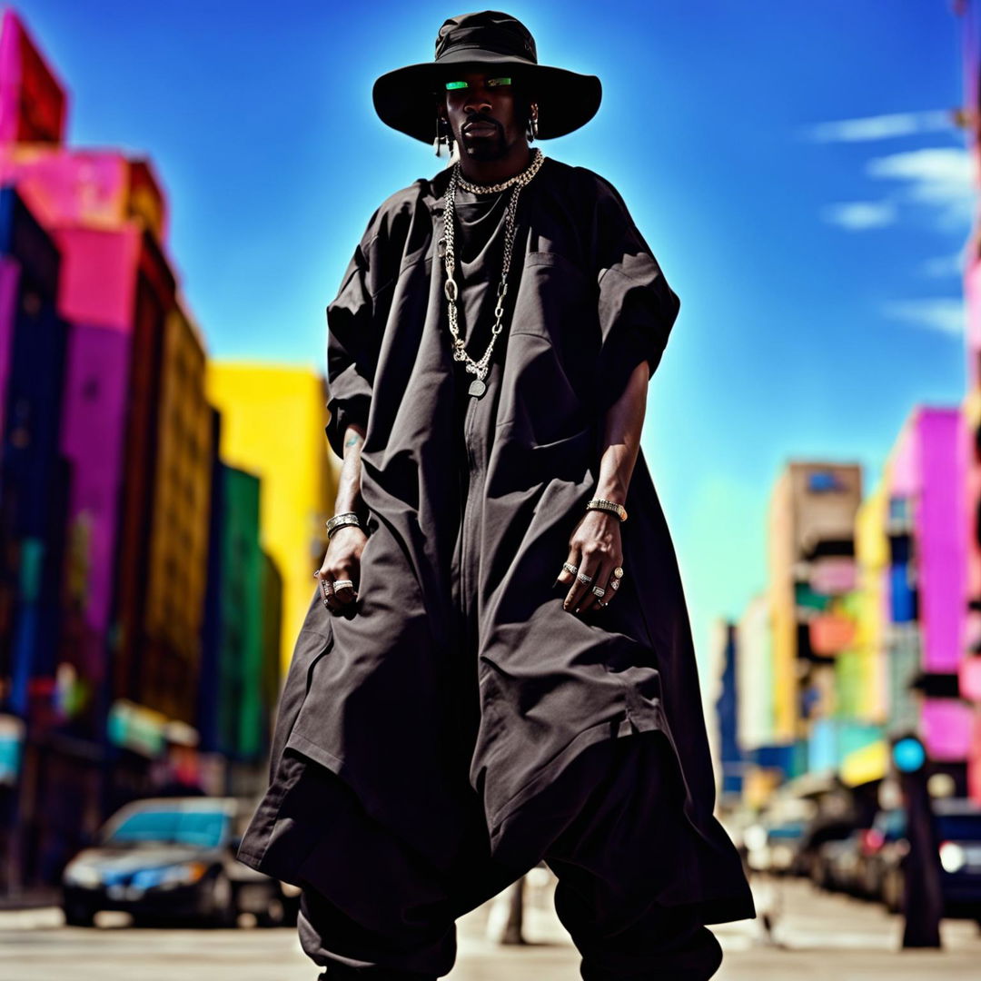 Vintage vogue photoeditorial of a rapper in an all-black, exaggerated Balenciaga and Rick Owens ensemble embodying opium fashion and street style, shot with a 200mm lens.