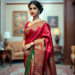 A beautiful woman in an elegant and intricate saree, showcasing rich colors and intricate designs