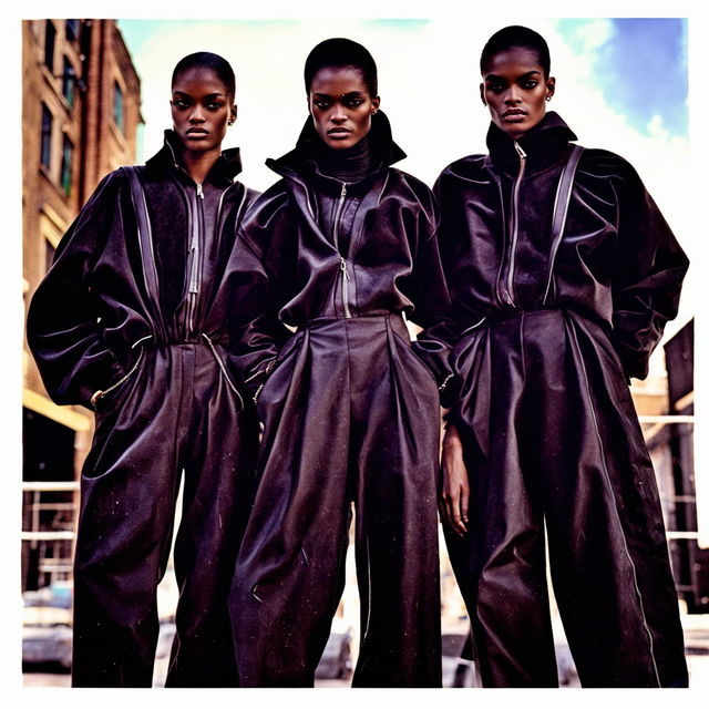 Vintage Vogue photo editorial featuring a trio in avant-garde, all-black Balenciaga and Rick Owens outfits with exaggerated proportions and silver jewellery, embodying opium fashion and street style.