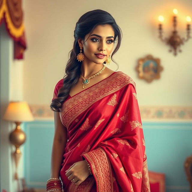 A beautiful woman in an elegant and intricate saree, showcasing rich colors and intricate designs