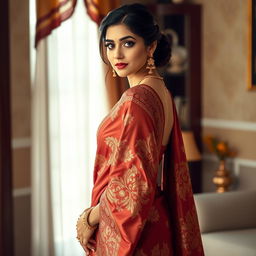 A beautiful woman in an elegant and intricate saree, showcasing rich colors and intricate designs