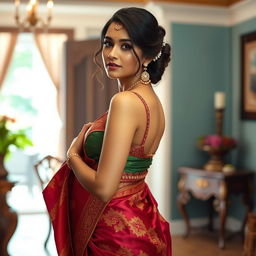 A beautiful woman in an elegant and intricate saree, showcasing rich colors and intricate designs