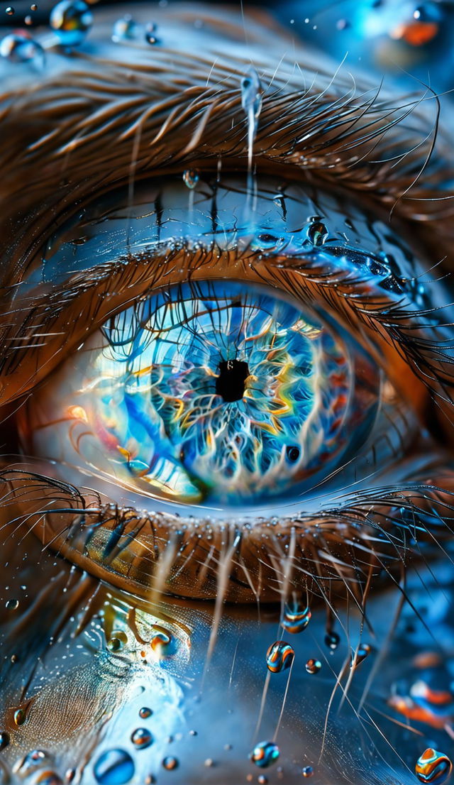 Hyper-realistic close-up of an eye with an opal crystal iris, iridescent colors, anatomical detail, and water droplets on eyelashes in the style of Matthias Haker.