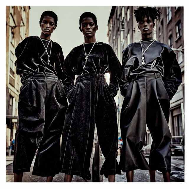 Vintage Vogue photo editorial featuring a trio in avant-garde, all-black Balenciaga and Rick Owens outfits with exaggerated proportions and silver jewellery, embodying opium fashion and street style.