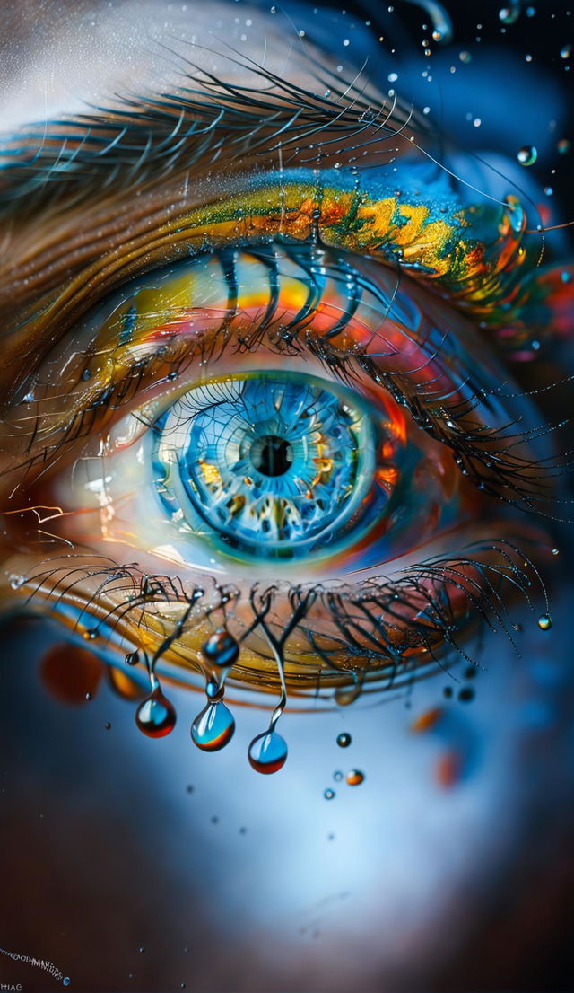 Hyper-realistic close-up of an eye with an opal crystal iris, iridescent colors, anatomical detail, and water droplets on 'Max Bite' eyelashes surrounded by pale skin in the style of Matthias Haker.