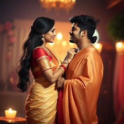 A beautiful scene of a couple, the wife wearing a traditionally elegant saree draped gracefully, showcasing her figure with a hint of sensuality