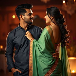 A beautiful scene of a couple, the wife wearing a traditionally elegant saree draped gracefully, showcasing her figure with a hint of sensuality