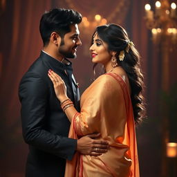 A beautiful scene of a couple, the wife wearing a traditionally elegant saree draped gracefully, showcasing her figure with a hint of sensuality