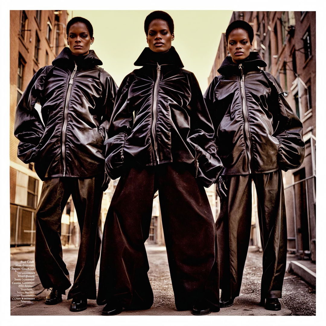 Vintage Vogue photo editorial featuring a trio in avant-garde, all-black Balenciaga and Rick Owens outfits with exaggerated proportions and silver jewellery, embodying opium fashion and street style.