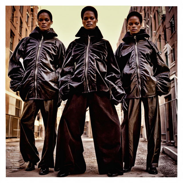 Vintage Vogue photo editorial featuring a trio in avant-garde, all-black Balenciaga and Rick Owens outfits with exaggerated proportions and silver jewellery, embodying opium fashion and street style.