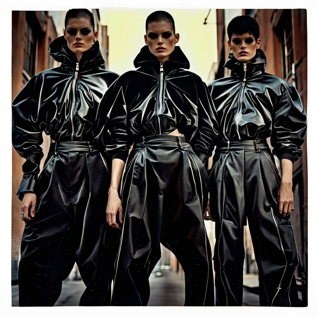 Vintage Vogue photo editorial featuring a trio in avant-garde, all-black Balenciaga and Rick Owens outfits with exaggerated proportions and silver jewellery, embodying opium fashion and street style.