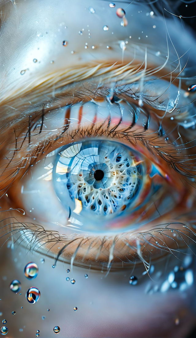 Hyper-realistic close-up of an eye with a marble iris, iridescent colors, anatomical detail, and water droplets on white eyelashes surrounded by pale albino skin in the style of Matthias Haker.