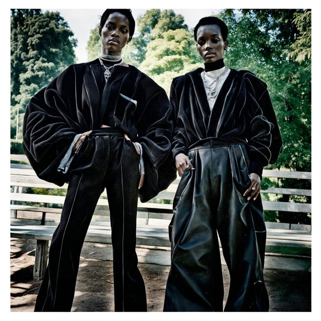 Vintage Vogue photo editorial featuring two friends in avant-garde, all-black Balenciaga and Rick Owens outfits with exaggerated proportions and silver jewellery, posing in a park, embodying opium fashion and street style.