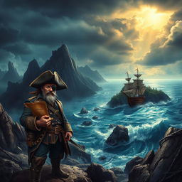An adventurous pirate scene depicting a rugged island shrouded in mystery, surrounded by turbulent seas