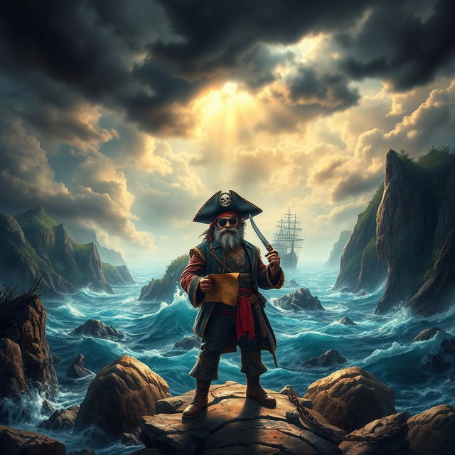 An adventurous pirate scene depicting a rugged island shrouded in mystery, surrounded by turbulent seas