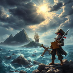 An adventurous pirate scene depicting a rugged island shrouded in mystery, surrounded by turbulent seas