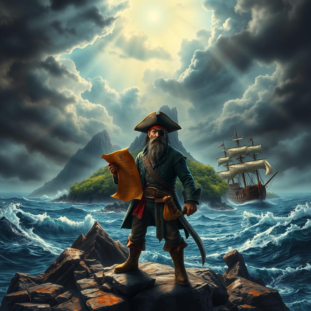 An adventurous pirate scene depicting a rugged island shrouded in mystery, surrounded by turbulent seas