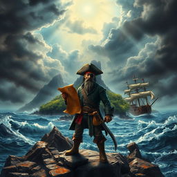 An adventurous pirate scene depicting a rugged island shrouded in mystery, surrounded by turbulent seas