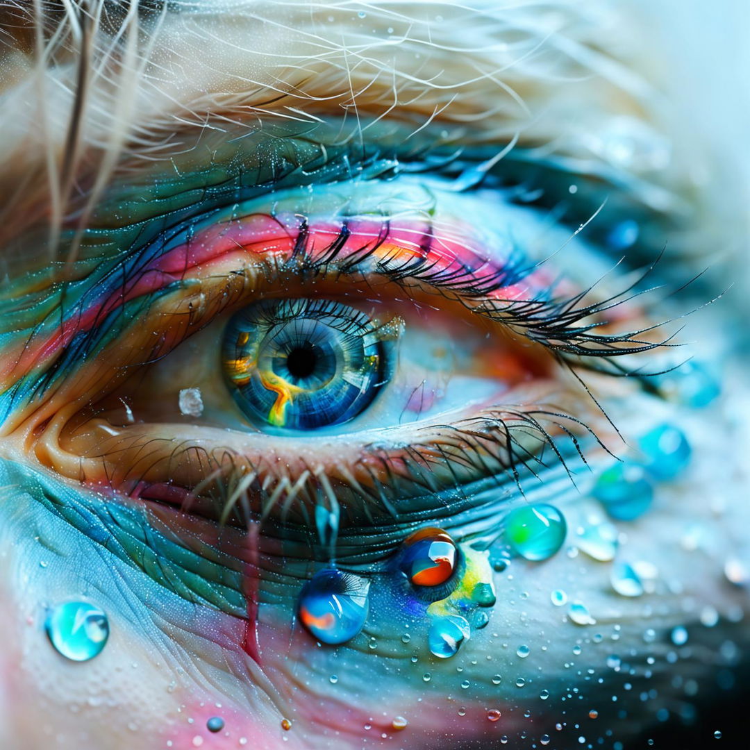 Extra-close up, macro lens shot of an eye with an opal gem-colored iris, white eyelashes, and water droplets clinging to skin and lashes, surrounded by pale albino skin with no eyebrows in the style of Matthias Haker.