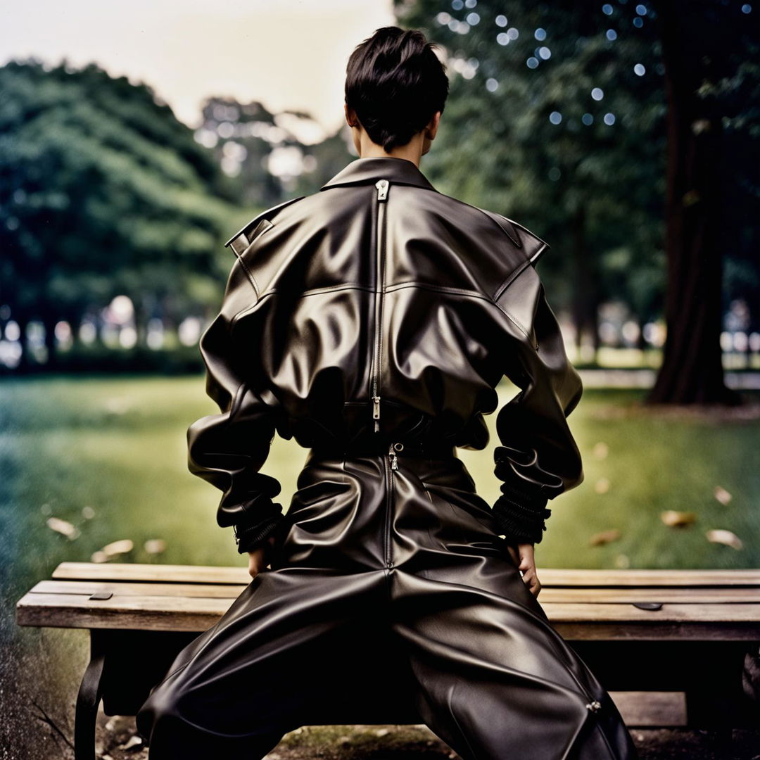 Vintage Vogue photo editorial featuring a model in avant-garde Balenciaga and Rick Owens outfit with a leather jacket, posing on a park bench, embodying opium fashion and street style.