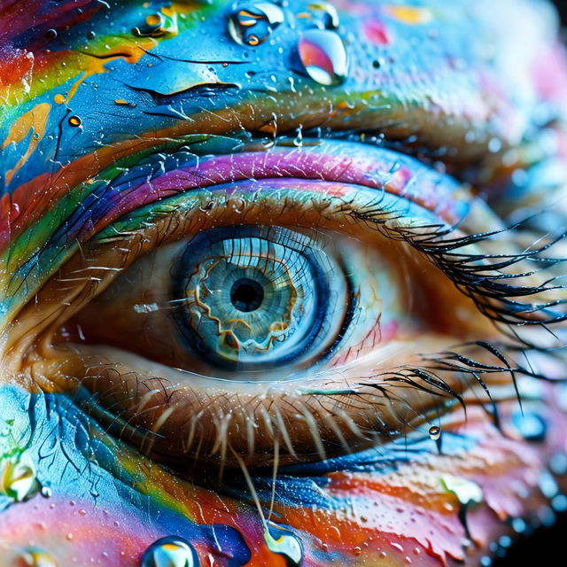 Extra-close up, macro lens shot of an eye with an opal gem-colored iris and white eyelashes, with water droplets clinging to skin and lashes. Only the eye and lashes are in the shot.