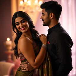 A stunning couple in an intimate moment featuring the wife dressed in a beautiful, elegantly draped saree that accentuates her curves