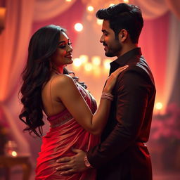 A stunning couple in an intimate moment featuring the wife dressed in a beautiful, elegantly draped saree that accentuates her curves