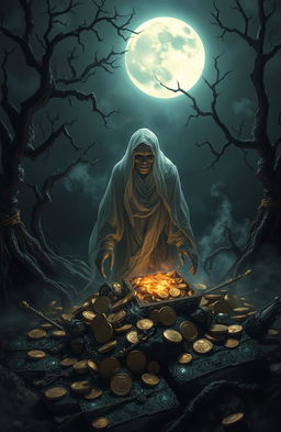 A hauntingly beautiful scene depicting a ghostly figure amidst a treasure-laden landscape, with ancient gold coins, sparkling jewels, and mysterious artifacts scattered around