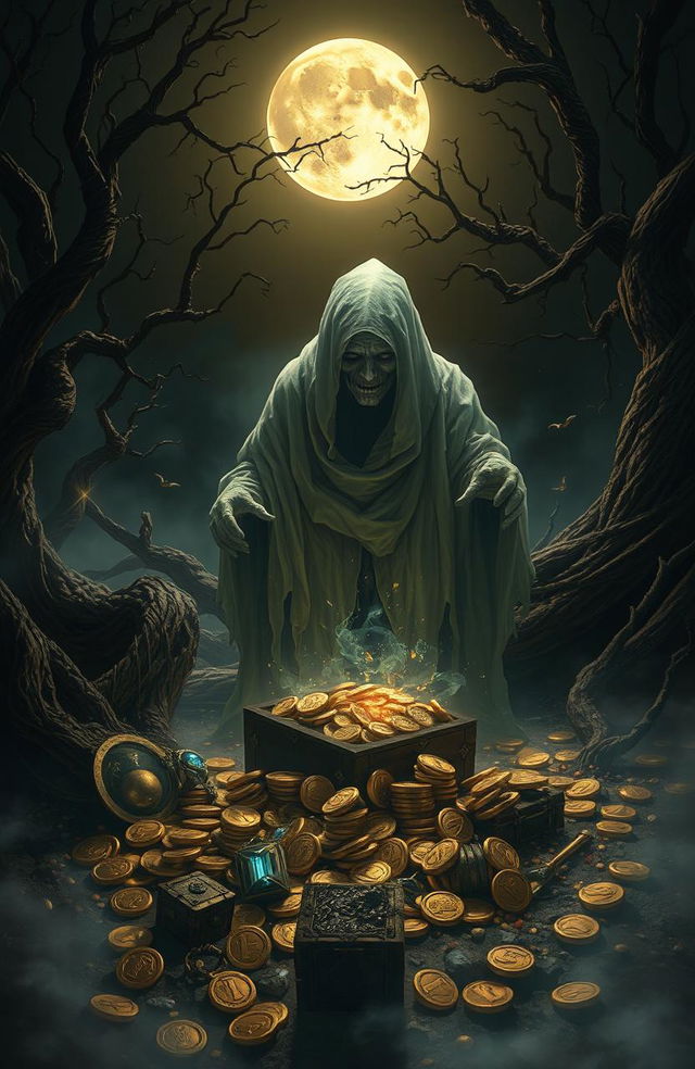 A hauntingly beautiful scene depicting a ghostly figure amidst a treasure-laden landscape, with ancient gold coins, sparkling jewels, and mysterious artifacts scattered around