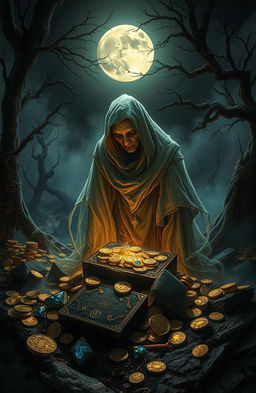 A hauntingly beautiful scene depicting a ghostly figure amidst a treasure-laden landscape, with ancient gold coins, sparkling jewels, and mysterious artifacts scattered around