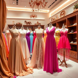A stunning display of colorful dresses displayed elegantly on mannequins in a boutique, surrounded by luxurious fabrics and ornate decorations