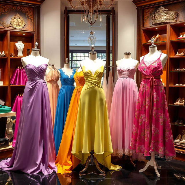 A stunning display of colorful dresses displayed elegantly on mannequins in a boutique, surrounded by luxurious fabrics and ornate decorations