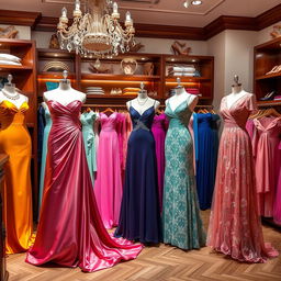 A stunning display of colorful dresses displayed elegantly on mannequins in a boutique, surrounded by luxurious fabrics and ornate decorations