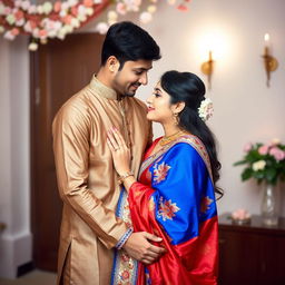 A loving couple sharing a romantic moment, with the wife dressed in a beautiful, vibrant saree that accentuates her elegance and charm