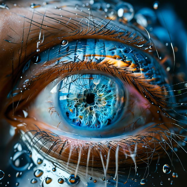 Extra-close up, macro lens shot of an eye with an opal gem-colored iris and white eyelashes, with water droplets clinging to skin and lashes. Only the detailed HD opalescent iris is in the shot.