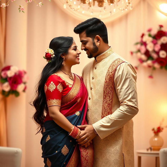 A loving couple sharing a romantic moment, with the wife dressed in a beautiful, vibrant saree that accentuates her elegance and charm