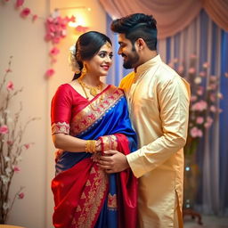 A loving couple sharing a romantic moment, with the wife dressed in a beautiful, vibrant saree that accentuates her elegance and charm
