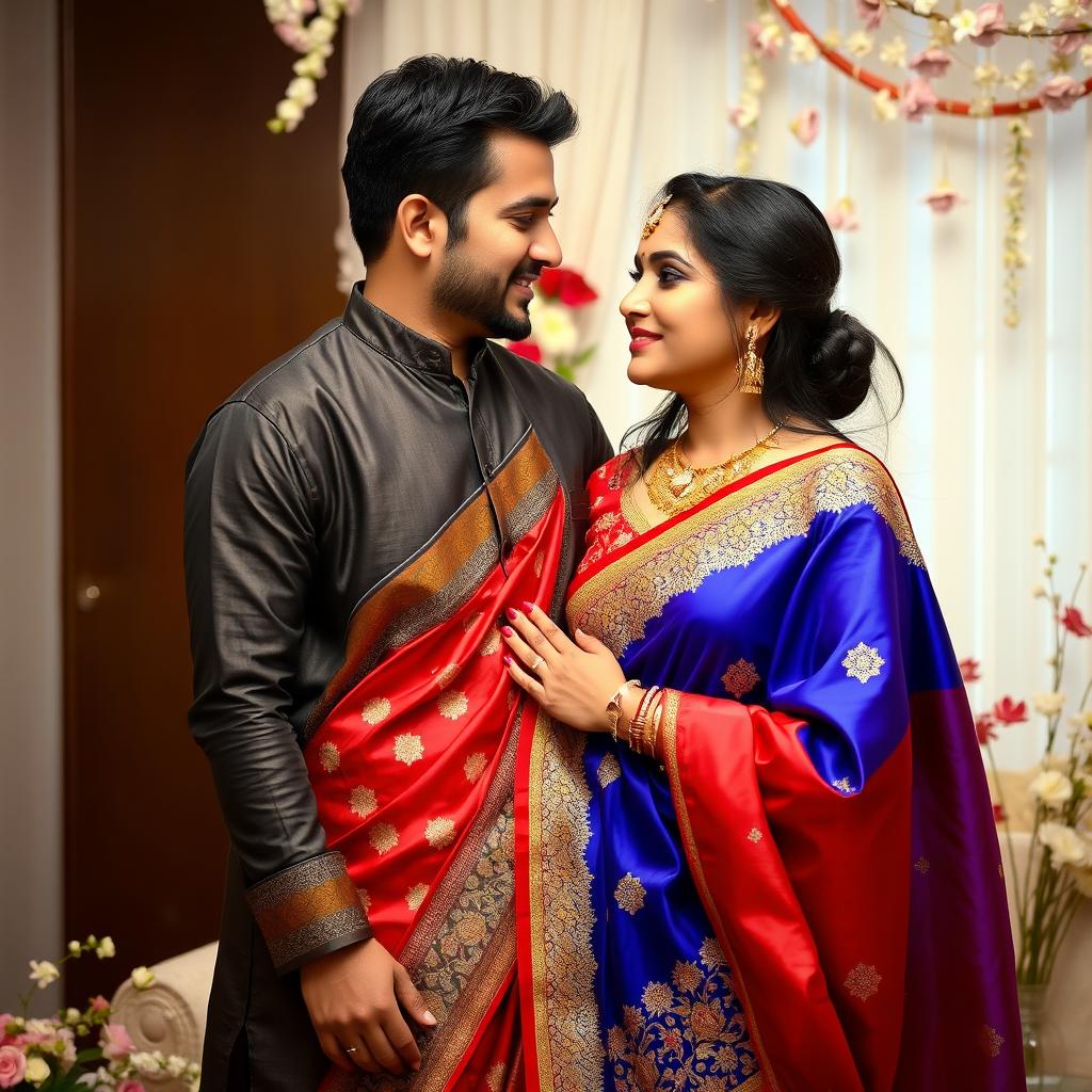 A loving couple sharing a romantic moment, with the wife dressed in a beautiful, vibrant saree that accentuates her elegance and charm