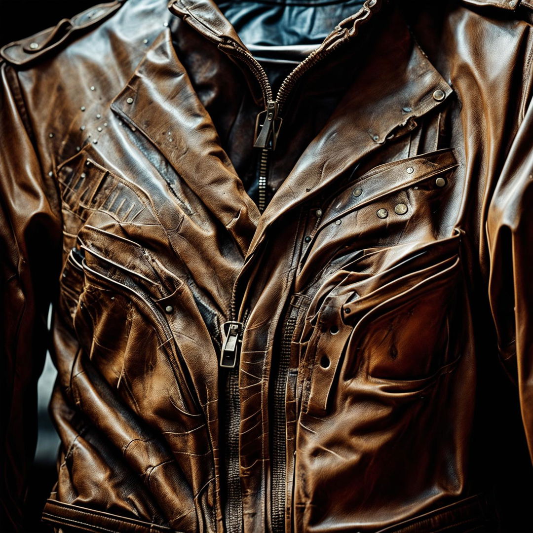 Ultra close-up 32k photograph of a distressed, weathered leather jacket taken with a 200mm lens, featuring opium fashion-inspired designs.