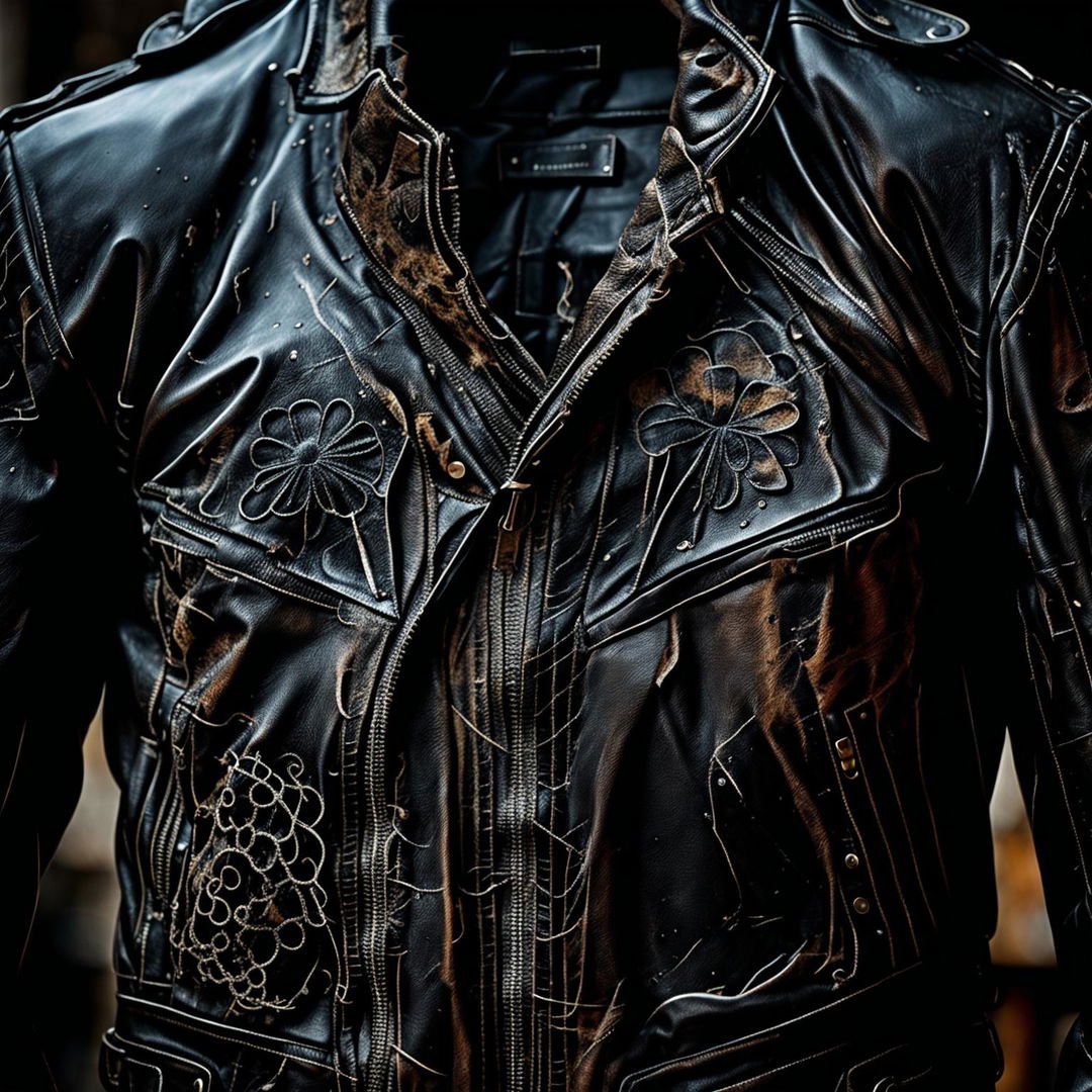 Ultra close-up 32k photograph of a black distressed leather jacket taken with a 200mm lens, featuring opium fashion-inspired designs.