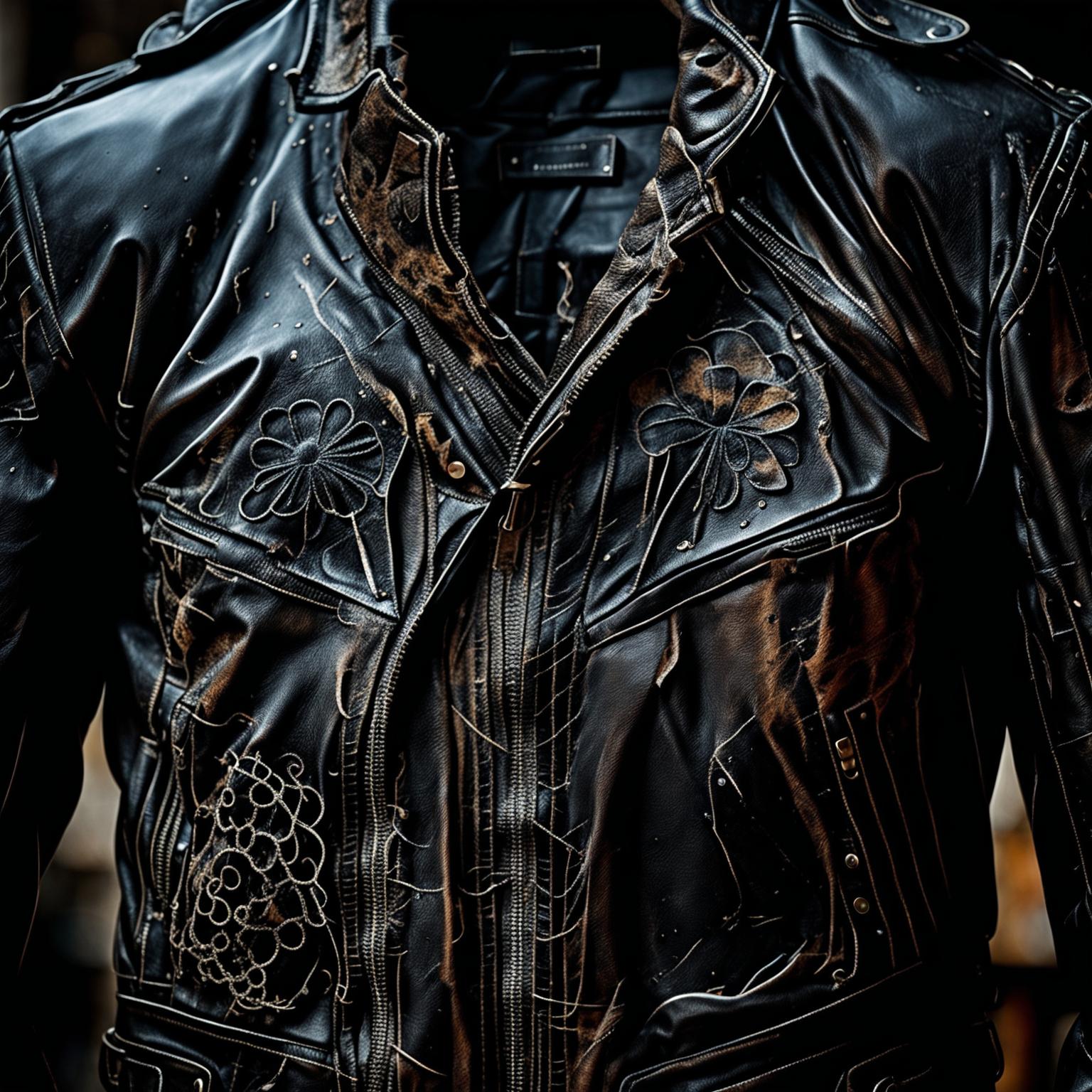 Ultra close-up 32k photograph of a black distressed leather jacket taken with a 200mm lens, featuring opium fashion-inspired designs.