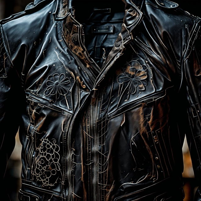 Ultra close-up 32k photograph of a black distressed leather jacket taken with a 200mm lens, featuring opium fashion-inspired designs.