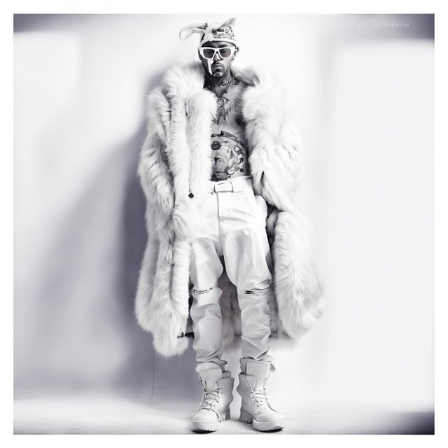 White Soundcloud rapper in opium fashion with exaggerated proportions, face tattoos, and furry boots, captured in a 200mm lens fashion photograph.