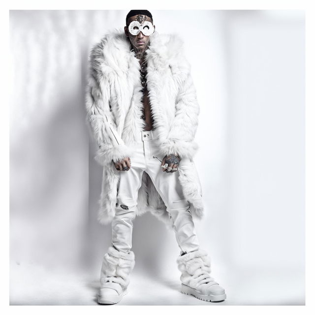 A white Soundcloud rapper in opium fashion with exaggerated proportions, face tattoos, and furry boots, captured through a 200mm lens.