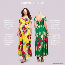 Elegant dresses designed for short plus-size women with a tummy, featuring exotic colors