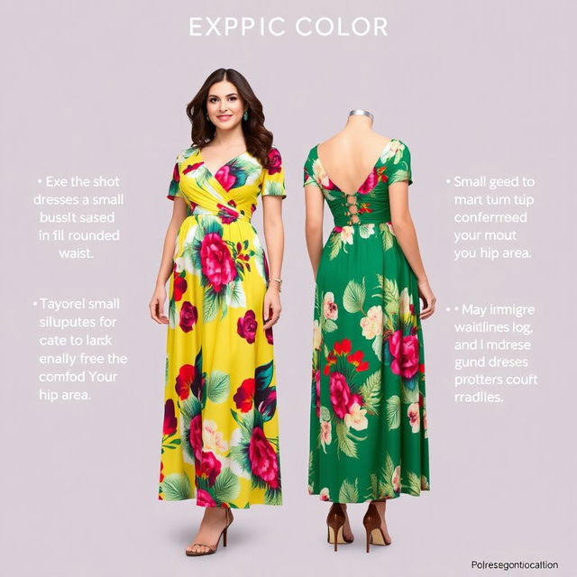 Elegant dresses designed for short plus-size women with a tummy, featuring exotic colors