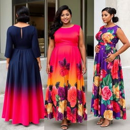 Elegant dresses designed for short plus-size women with a tummy, featuring exotic colors